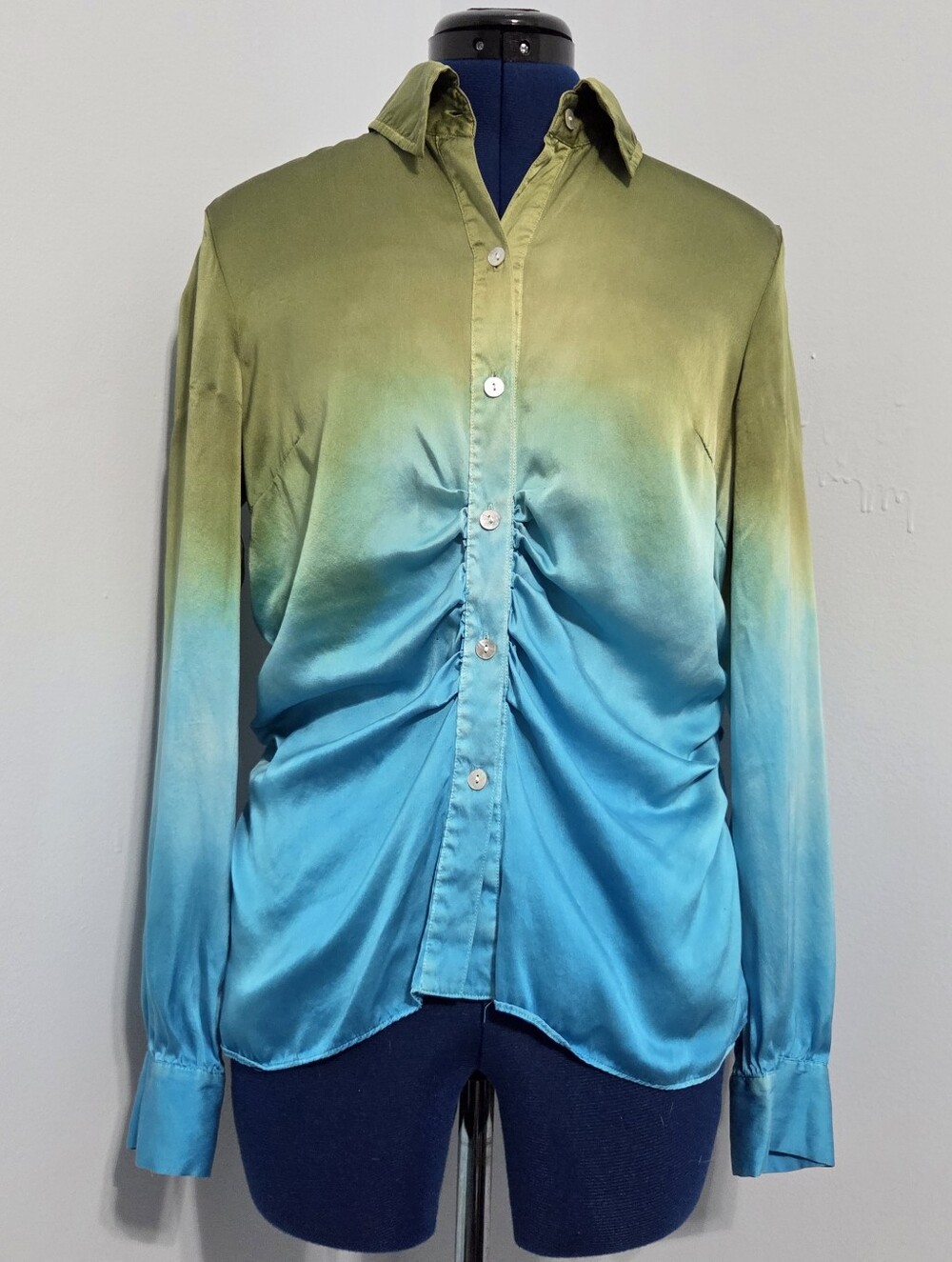 Green Ombre Ruched Silk Button Down Blouse Size M